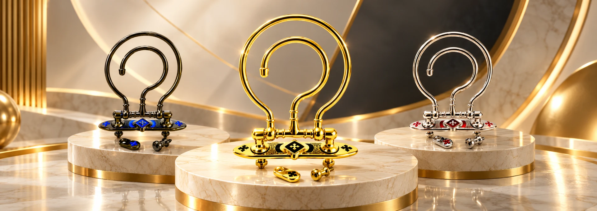 Ganchos Masiart em acabamento ouro velho, dourado e prateado.